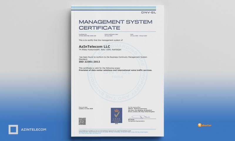 AzInTelecom “Biznes Davamlılığının İdarəetməsi” sertifikatına layiq görülüb
