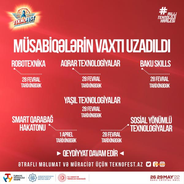 “TEKNOFEST Azərbaycan” çərçivəsində keçiriləcək bir neçə müsabiqənin qeydiyyat müddəti uzadılıb