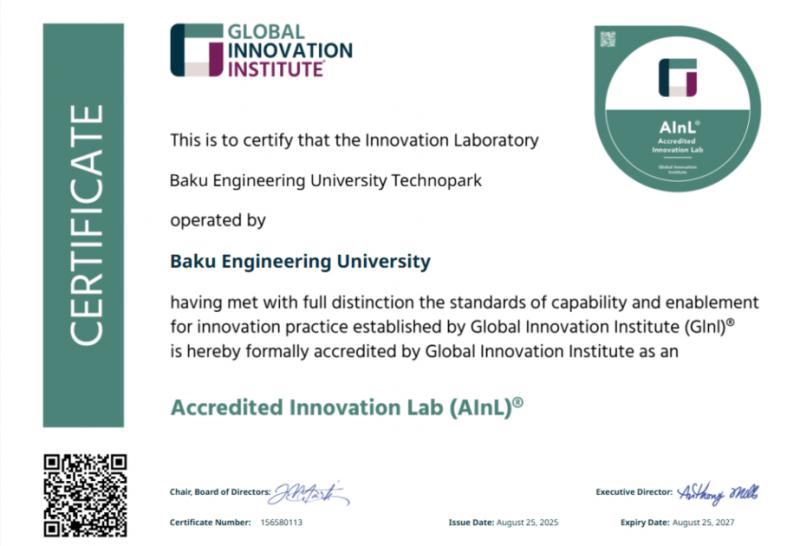 BMU Texnoparkı “Innovation Lab” sertifikatına layiq görülüb